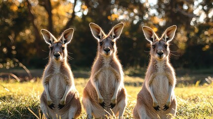 Fototapeta premium Three alert kangaroos sitting on grassy field in warm sunlight with blurred autumn forest background