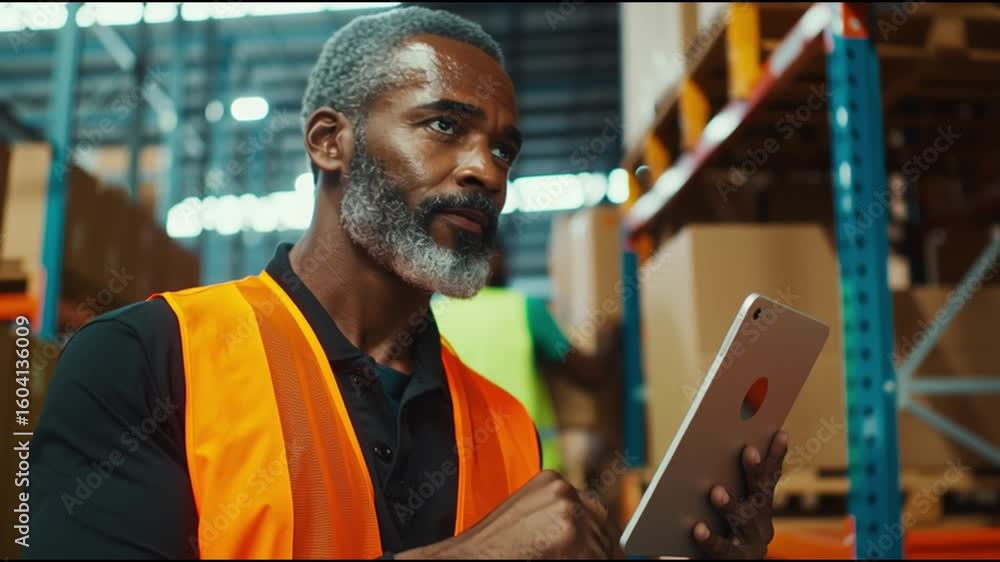 Poster warehouse worker checks inventory while wearing safety vest and using smartphone in large storage ar