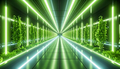 Walking Through a Green Lighted Tunnel with Plants Futuristic Design