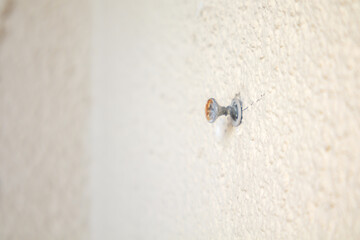 Nail is sticking out of a wall. The nail is rusty and has a screwdriver head