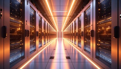 Walking Through Data Center Server Room with Glowing Lights