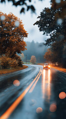 Beautiful autumn drive through a rainy countryside road surrounded by vibrant orange and yellow trees on a gloomy day
