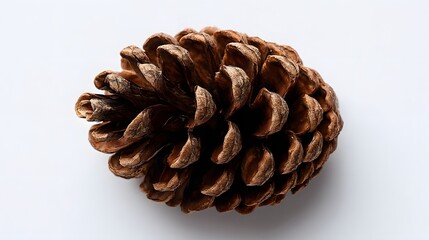 Human eye view of dry pine cone centered pure white background rustic texture earthy brown tone hyper realistic lighting soft shadow minimal natural object photography commercial ready botanical
