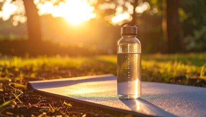 Water Bottle on Yoga Mat in Sunny Outdoor Setting