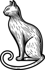 Naklejka premium Elegant sitting cat illustration with curled tail, hand drawn black and white feline silhouette, graphic art