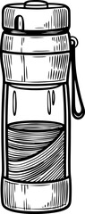 Reusable water bottle illustration eco friendly hydration container, hand drawn sketch of travel flask with liquid inside