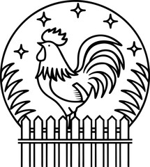 Obraz premium Rooster perched on wooden fence at sunrise, surrounded by ferns and stars, morning farm scene illustration
