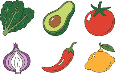 Six Colorful Hand- Drawn Vegetables Including Avocado Tomato and Lemon