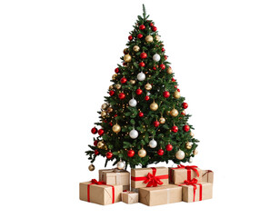 Colorful lit Christmas tree with holiday decorations and wrapped gifts ready for celebration isolated on white background
