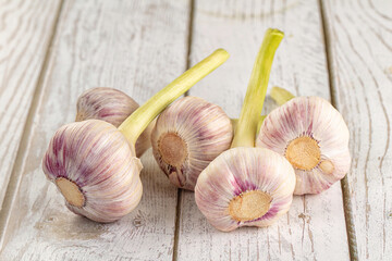 Raw young garlic bulb heap