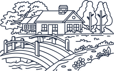 Fototapeta premium Cozy cottage with arched wooden bridge over small stream, surrounded by trees and flowering plants, hand drawn outline