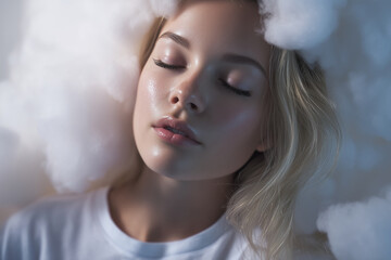 Peaceful sleep. Woman sleeping on fluffy clouds