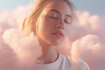 Calm woman surrounded by dreamy pink clouds