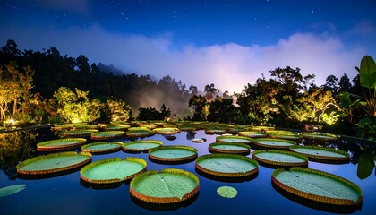 Water Lilies Floating on Pond at Night with Forest and Stars