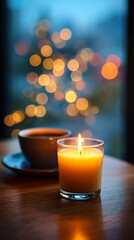 Cozy evening atmosphere with candlelight and warm beverage during the holiday season