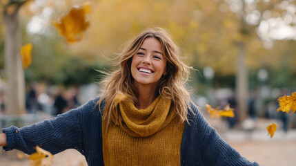 Young woman joyfully playing with autumn leaves in a park under golden trees, capturing the essence of the season