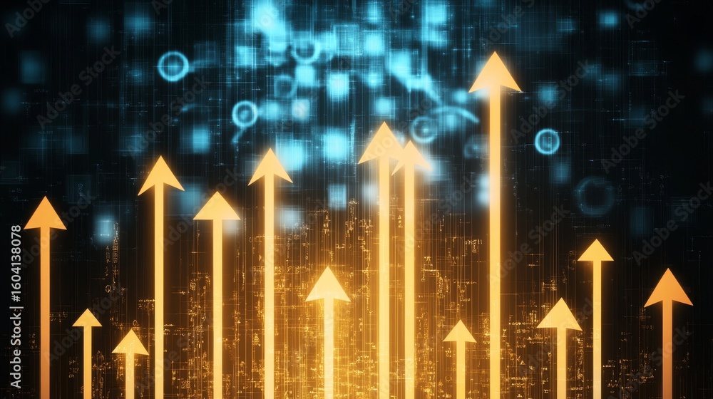 Poster abstract growth digital data flow with ascending arrows illustrating technological progress