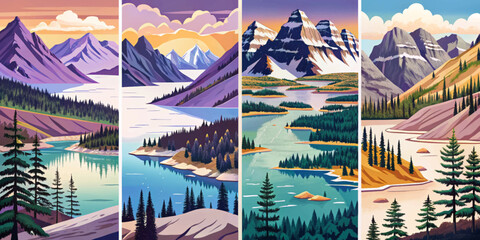 capturing Banff National Park’s set magic glacial lakes, snow‑capped ridges, dense pine forests, and rugged peaks reflecting serene alpine beauty in dramatic mountain scenery collection banner