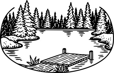 Peaceful forest lake with wooden dock tranquil water, pine trees, hand drawn natural landscape illustration