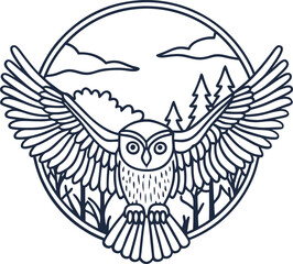 Fototapeta premium Owl in flight with outstretched wings, forest background and mountains, circular wildlife line art illustration