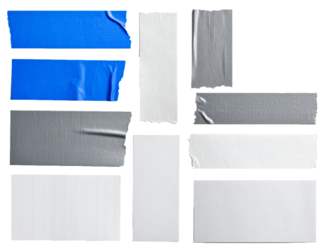 Collection of torn notebook paper pieces in various colors and textures, isolated on transparent background