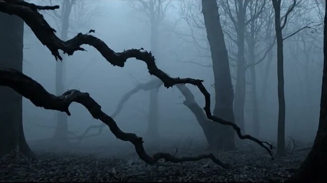 Fogshrouded dark forest scene with leafless trees and twisted branches in the foreground