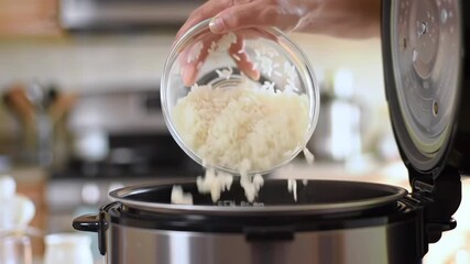 Woman adds rice to cooker in kitchen - Powered by Adobe