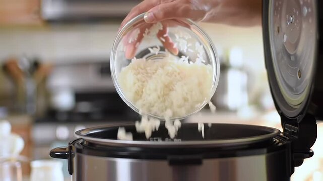 Woman adds rice to cooker in kitchen