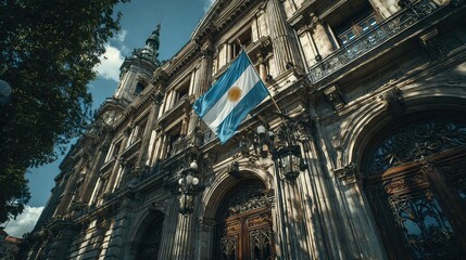 Elected officials Argentina flag scene with government building, national leadership politics concept for editorial ads