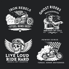 Set of vintage biker emblems featuring skulls, motorcycles, wings, checkered flags, and slogans like Iron Rebels, Ghost Riders, and Power Surge