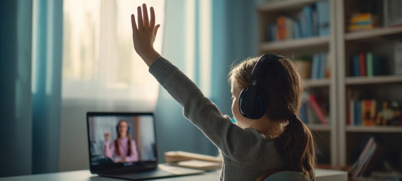 The child engaging in online learning through a video call with a teacher.