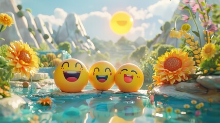 Three happy, laughing 3D emojis sit on a rock by a river in a vibrant, sunlit landscape. Sunflowers and other colorful flowers bloom around them, with mountains in the background and a smiling emoji s