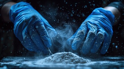 Gloved hands of a forensic expert carefully handle a mysterious, glowing blue powder on a dark surface. The cinematic lighting creates a high-tech, investigative atmosphere