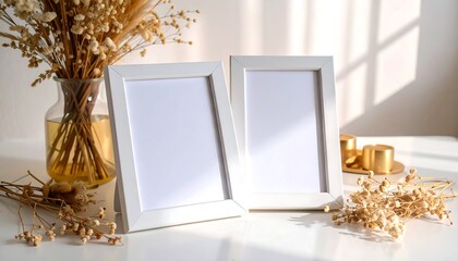 White Frames with Dried Flowers on Table in Sunlight Mockup