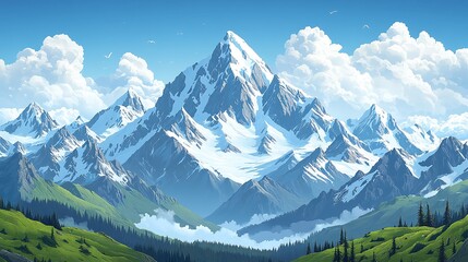 Lush green valley below a snow-capped mountain range.