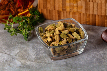 Green dry cardamom heap spices aroma