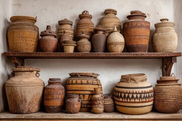 Two wooden shelves display a collection of ancient pottery jars and containers, exhibiting varied shapes, sizes, and decorative patterns