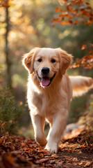 Golden retriever puppy joyfully running through a sunlit forest path during autumn