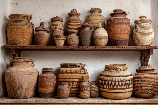 Two wooden shelves display a collection of ancient pottery jars and containers, exhibiting varied shapes, sizes, and decorative patterns