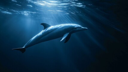 Fototapeta premium A dolphin glides through sunlit ocean depths, creating a serene atmosphere.