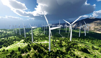 Wind Turbines Generating Clean Energy on Green Hills Landscape