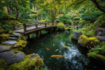 Koi fish swim in pond under a bridge in lush garden, advertising peace & nature