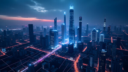 Connected city with glowing network lines between smart building
