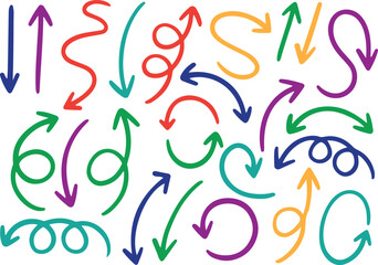 Colorful Curved Arrows Vector Pack – Direction, Navigation, Arrow Design, Doodle Style, Motion, Path, Pointer, Sketch Arrow, Multicolor, Movement, Abstract, Flow, Curved, Hand-drawn, Infographic, UI D