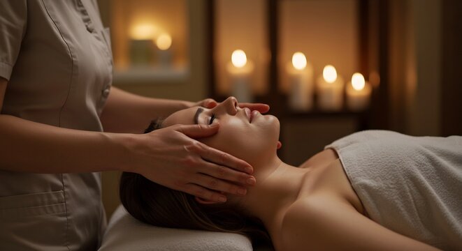 A woman receives a relaxing facial massage in a peaceful spa setting.