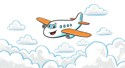 Naklejka premium Cartoon Airplane Flying Among Clouds A Colorful Illustration for Travel