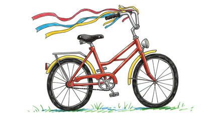 Fototapeta premium Charming hand-drawn illustration of a red vintage bicycle with colorful streamers blowing in the wind, parked on a green lawn.