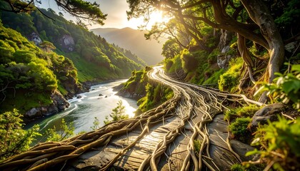 Winding Road with Tree Roots Overpass in Lush Green Valley