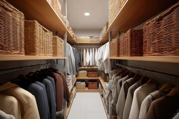 Organized walk-in closet with light wood shelving and wicker baskets