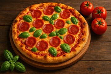 Delicious Pepperoni Pizza on Rustic Wooden Board Italian Culinary Photography Warm Atmosphere Inviting Setting